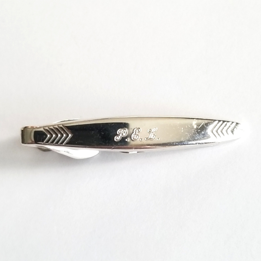 Vintage tie clip Swank engraved PEL monogram silver tone